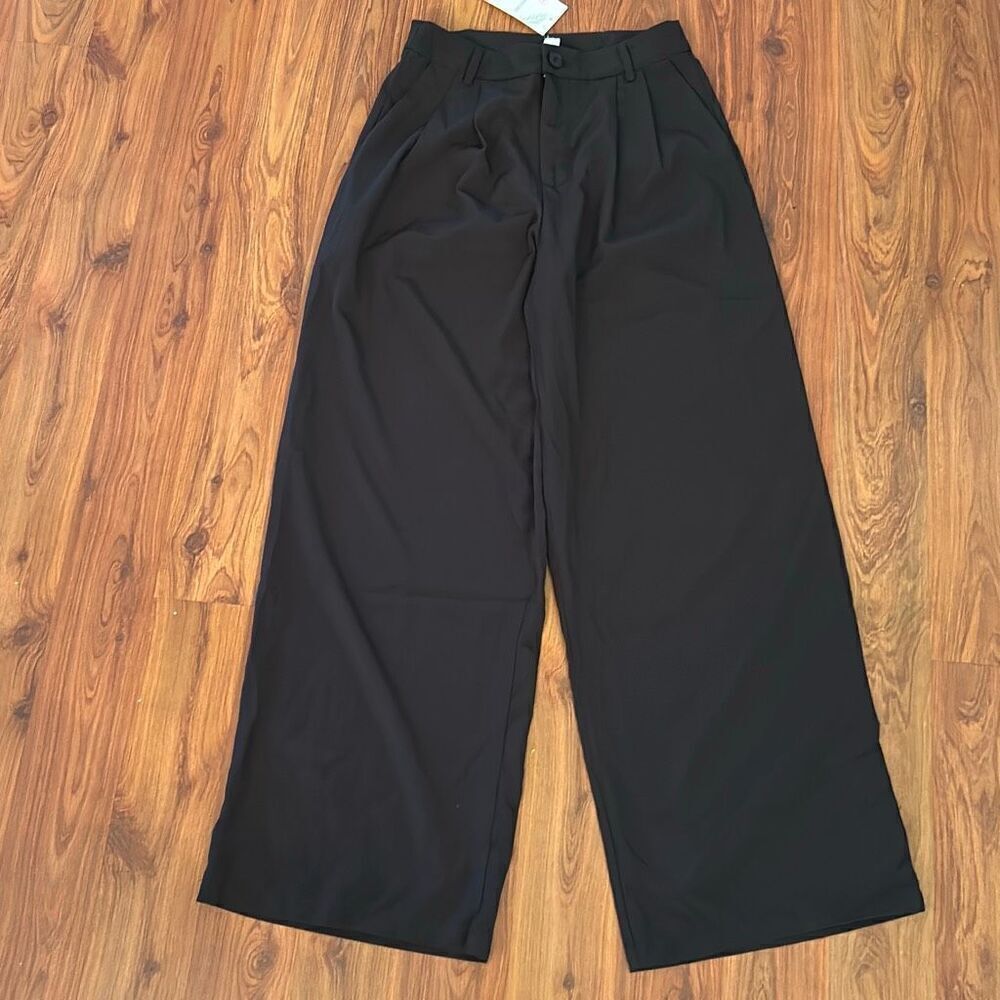 NWT makemechic black wide leg poly silky pants size M